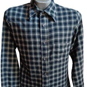 Vintage Mens Camp Shirt Medium Grandpa 70s 80s PLaid Blue/Green Crumply Collar